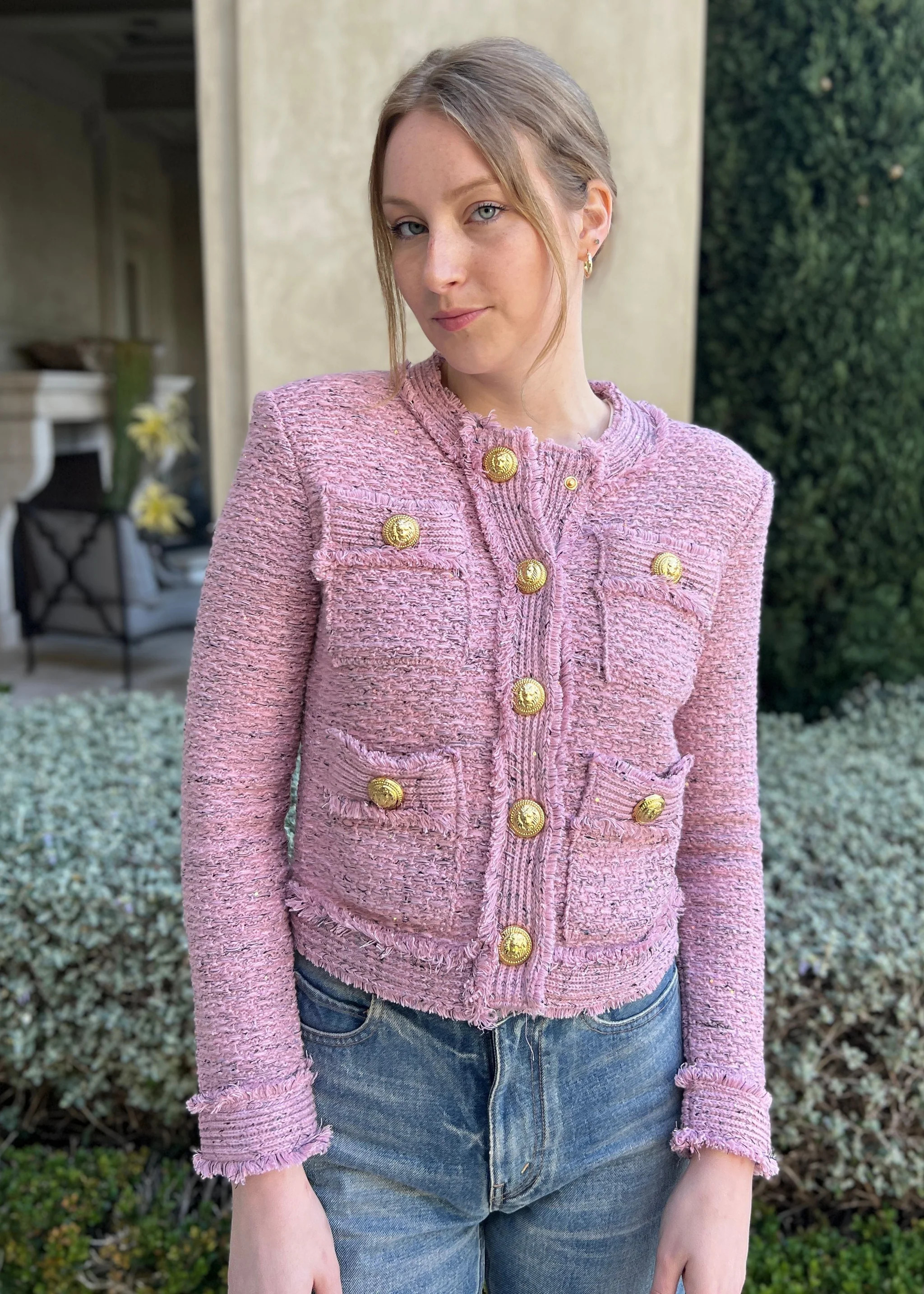 Bethany Tweed Jacket with Gold Buttons - Pink | Benaar La