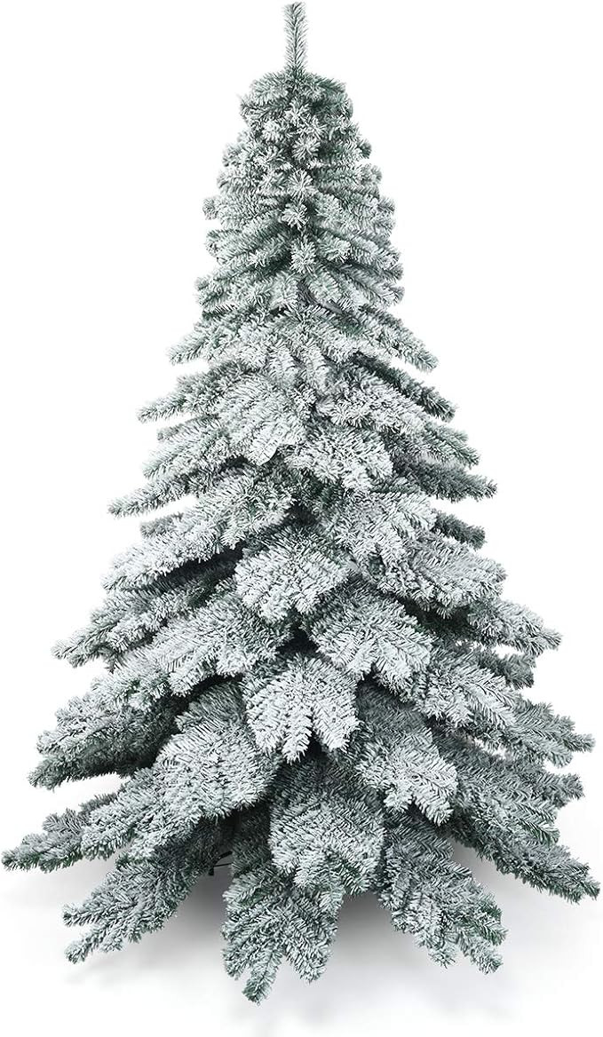 Goplus 7.5FT Snow Flocked Artificial Christmas Tree, Hinged Alaskan Pine Tree with Metal Stand, 1... | Amazon (US)