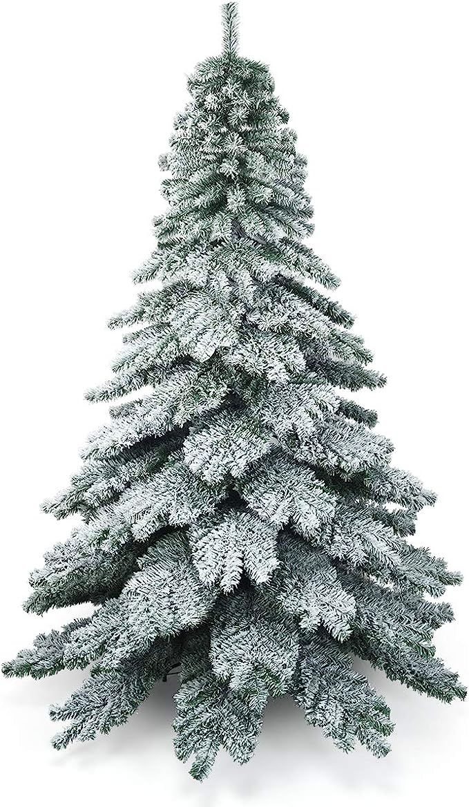 Amazon.com: Goplus 7.5FT Snow Flocked Artificial Christmas Tree, Hinged Alaskan Pine Tree with Me... | Amazon (US)