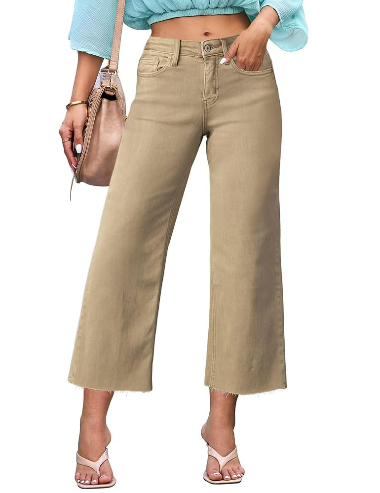 Allimy Women's High Waisted Straight Ankle Wide Leg Ripped Jeans Frayed Hem Stretchy Capri Denim ... | Amazon (US)