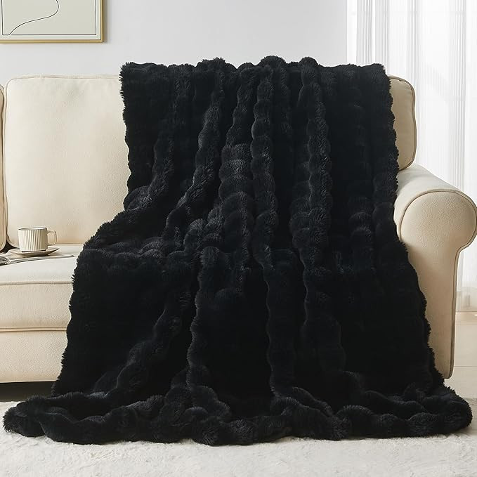 Lotus Karen Faux Fur Throw Blanket Black - Big Bubble Rabbit Fluff Blanket for Couch Bed Sofa,Sof... | Amazon (US)
