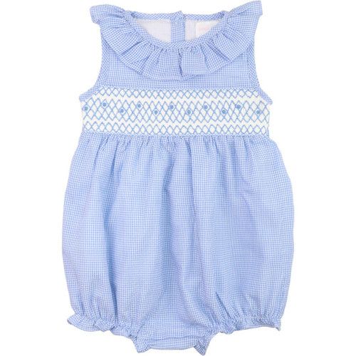 Blue Gingham Seersucker Smocked Rosebud Bubble | Cecil and Lou