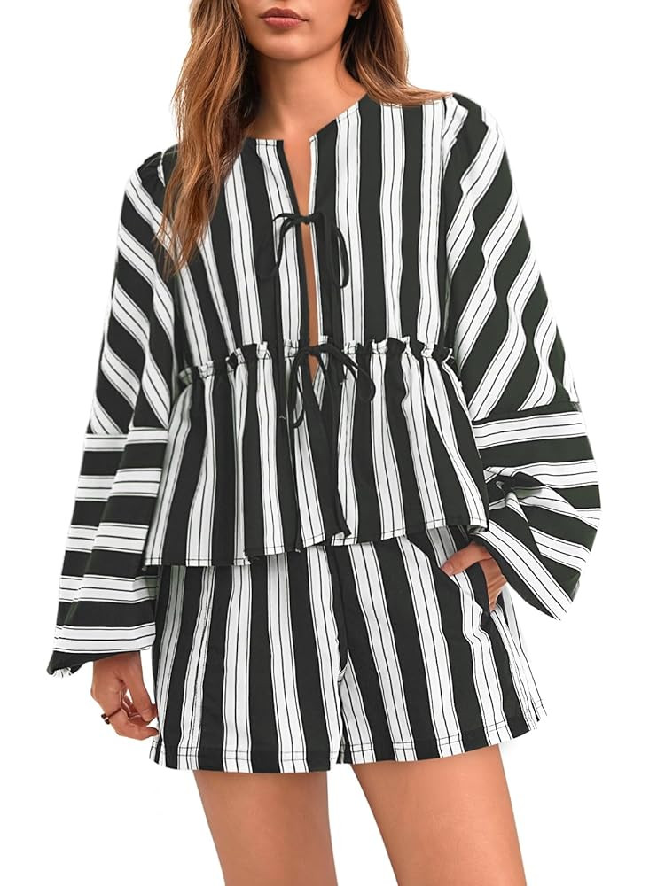 Tankaneo Womens 2 Piece Outfits Tie Front Peplum Tops Shorts Sets Striped Puff Long Sleeve Blouse... | Amazon (US)