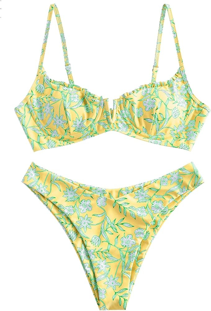 ZAFUL Women's Underwire Bikini Floral High Leg Bikini Set V-Wired Two Piece Swimsuit Bathing Suit | Amazon (US)