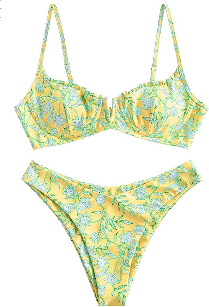 ZAFUL Women's Underwire Bikini Floral High Cut Bikini Set V-Wired Two Piece Swimsuit Bathing Suit | Amazon (US)