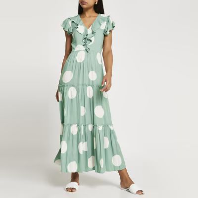 Turquoise short sleeve frill tier midi dress | River Island (UK & IE)