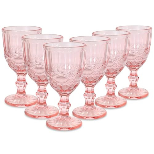 ysnn Pink Wine Glasses Set of 6 Goblets 10 oz Drinking Glass Cups with Embossed Pattern Vintage Beverage Glassware for Party Wedding Baby Shower Holidays Anniversary Bar | Amazon (US)