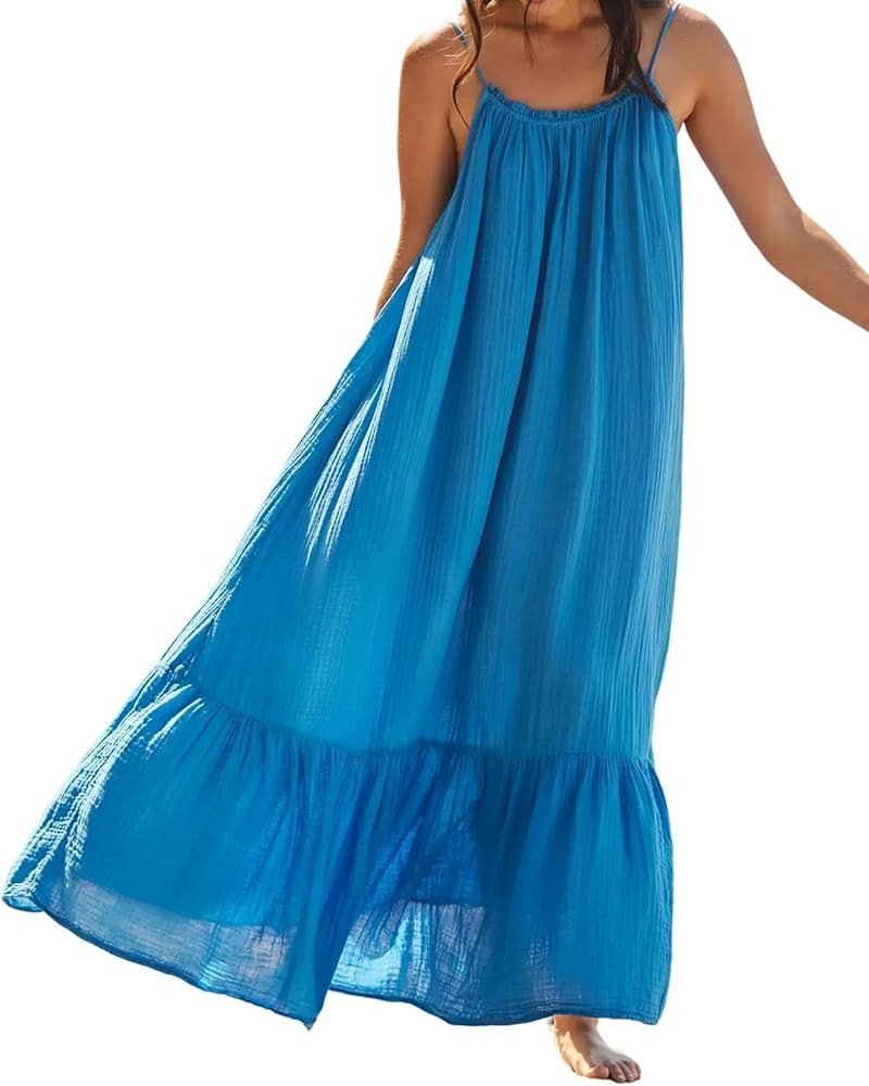 R.Vivimos Women's Summer Cotton Maxi Dress Adjustable Spaghetti Strap Boho Casual Backless Ruffle... | Amazon (US)
