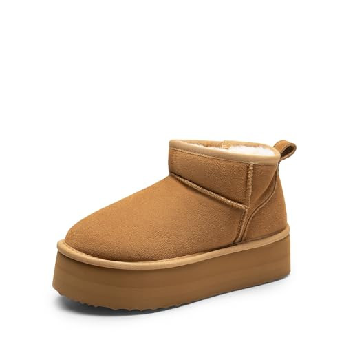 DREAM PAIRS FuzzyClassic Platform Mini Boots for Women Suede Genuine Leather, Classic Winter Ankle Snow Boots with Memory Foam Insole Lightweight Anti-Slip Outsole Outdoor,Size 11,Chestnut,SDSB2427W | Amazon (US)