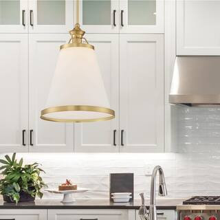 Ashmont 13 in. W x 21.25 in. H 1-Light Warm Brass Pendant Light with White Opal Glass Shade | The Home Depot
