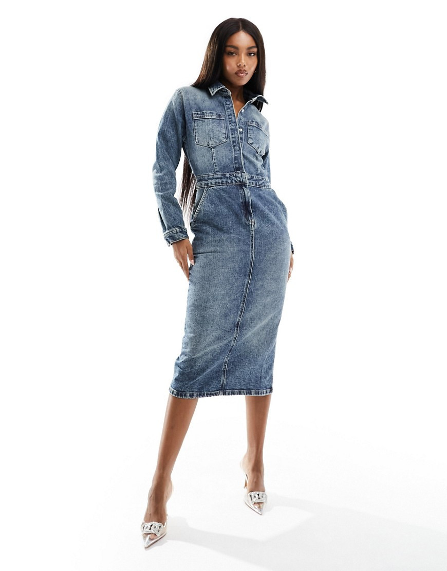 ASOS DESIGN denim midi dress in midwash-Blue | ASOS (Global)