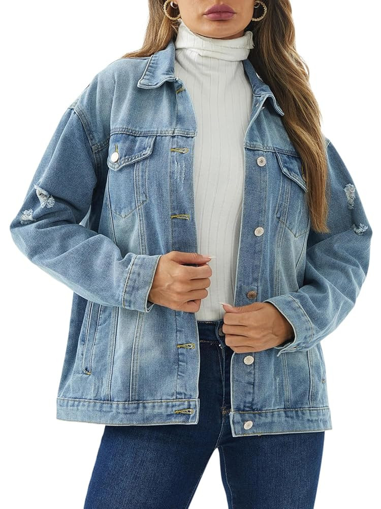 DvaeMalligo Women's Oversized Denim Jacket Casual Long Sleeve Button Down Distressed Trucker Jean... | Amazon (US)