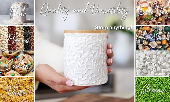 Engraved Ceramic Kitchen Canister - Storage Jars with Airtight Lids Made from Bamboo with Nature-... | Amazon (US)