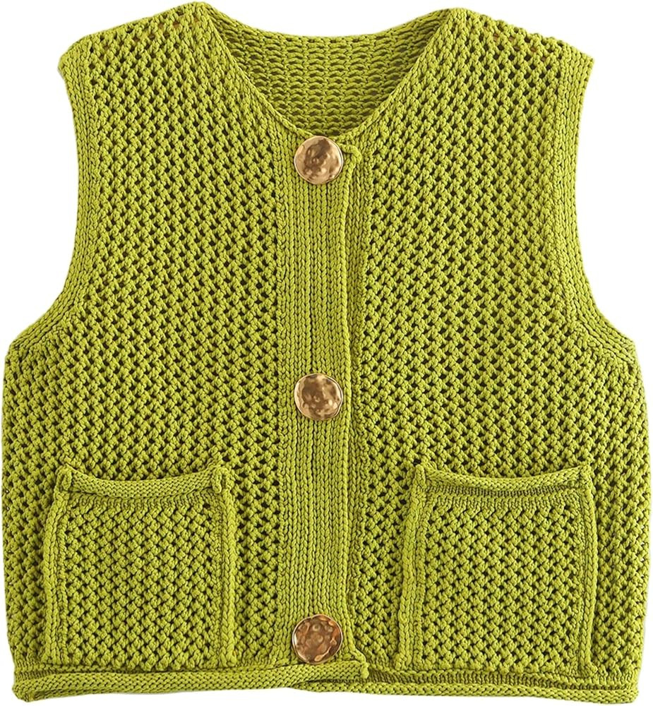 Women's Sleeveless Chunky Knit Top Casual Cropped Button Down Sweater Vest Open Front Cardigan wi... | Amazon (US)
