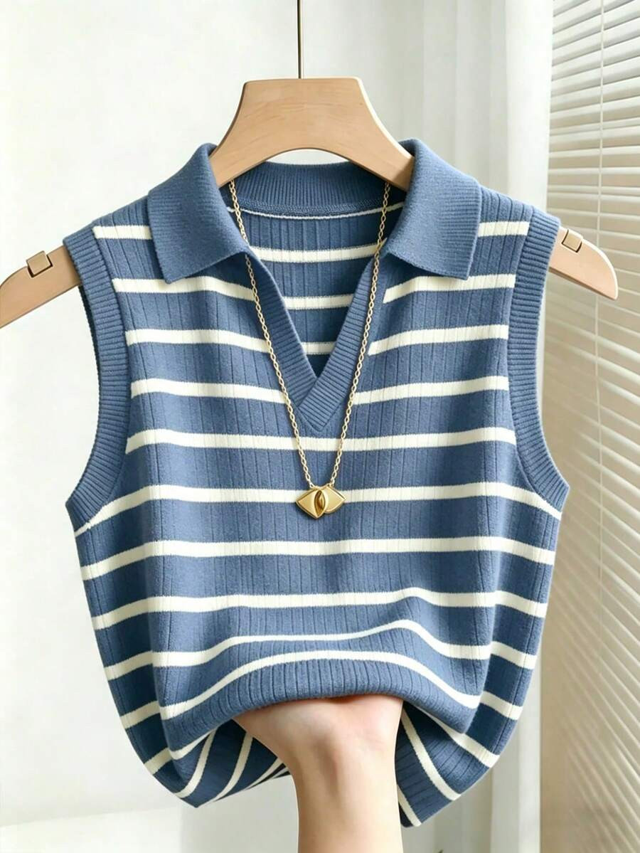 Franclia Women's Casual Elegant Knitted Collared Striped Vest | SHEIN