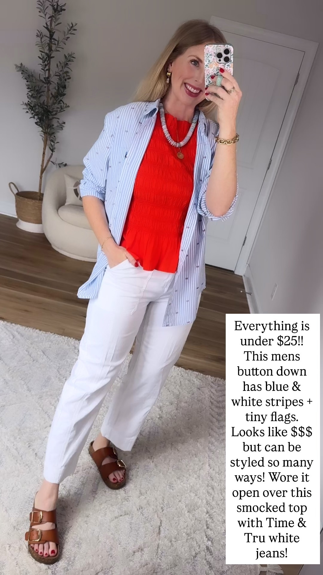 Walmart try on, time and tru, white jeans, Walmart style, red smocked top, button up with flags

#LTKootd #LTKmomlife