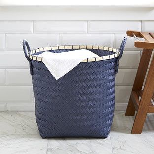 Slate Blue Strapping Basket with Bamboo Trim | The Container Store