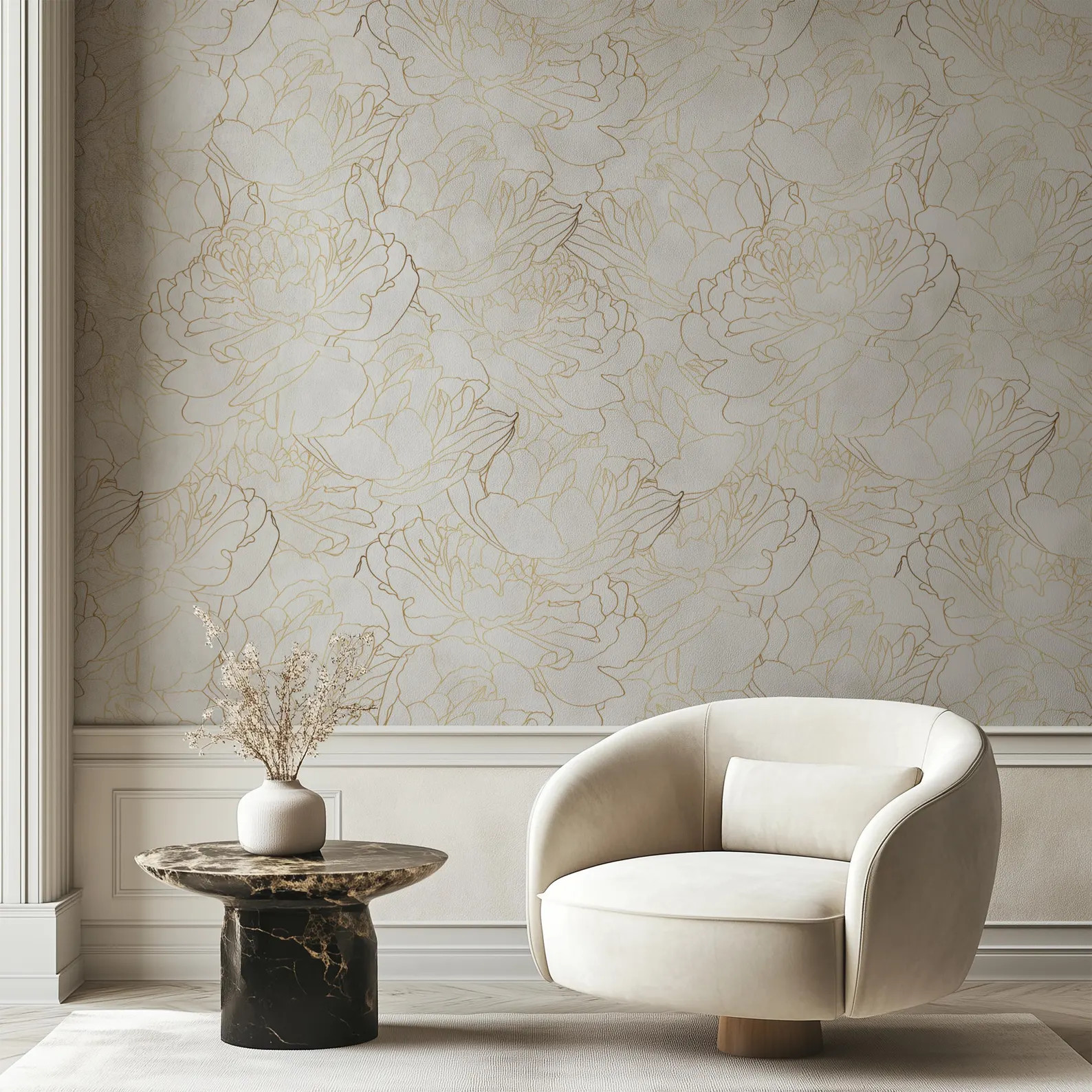 Golden Floral Line Art Peel and Stick Wallpaper | Etsy (Global)