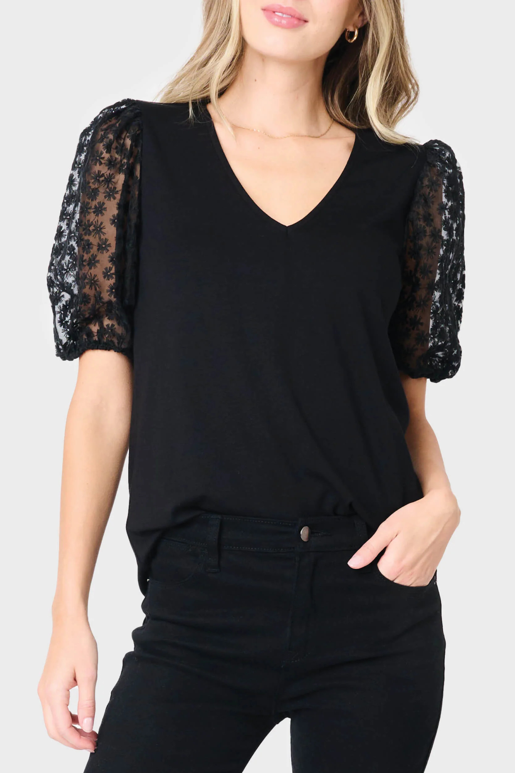 Megan Mixed Media Soft Ponte Top | Embroidered Sleeve | Gibson