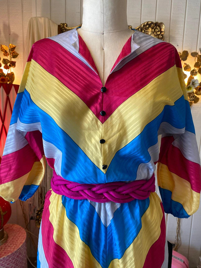 1980s rainbow chevron blouson dress, puff sleeves, 80s fashion, striped satin, m | Etsy (Global)