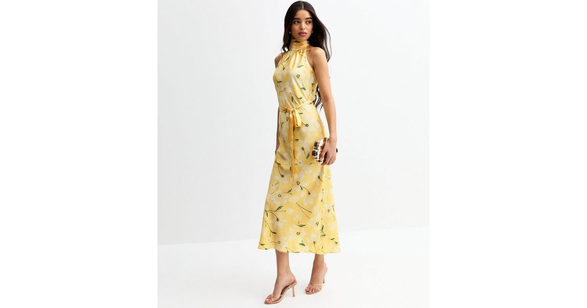 Yellow Floral Print Satin Halterneck Midi Dress | New Look | New Look (UK)
