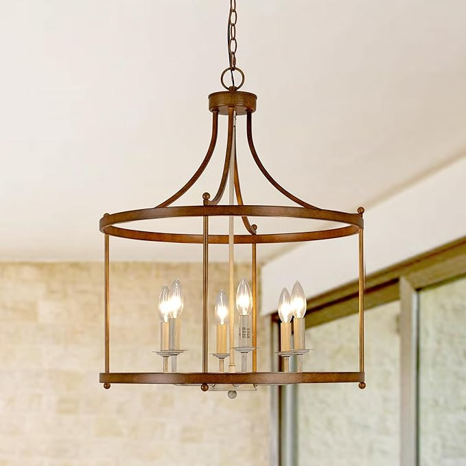 6-Light Retro Inspired Drum Chandelier, 21" Antique Bronze White Country Rustic Farmhouse Pendant... | Amazon (US)