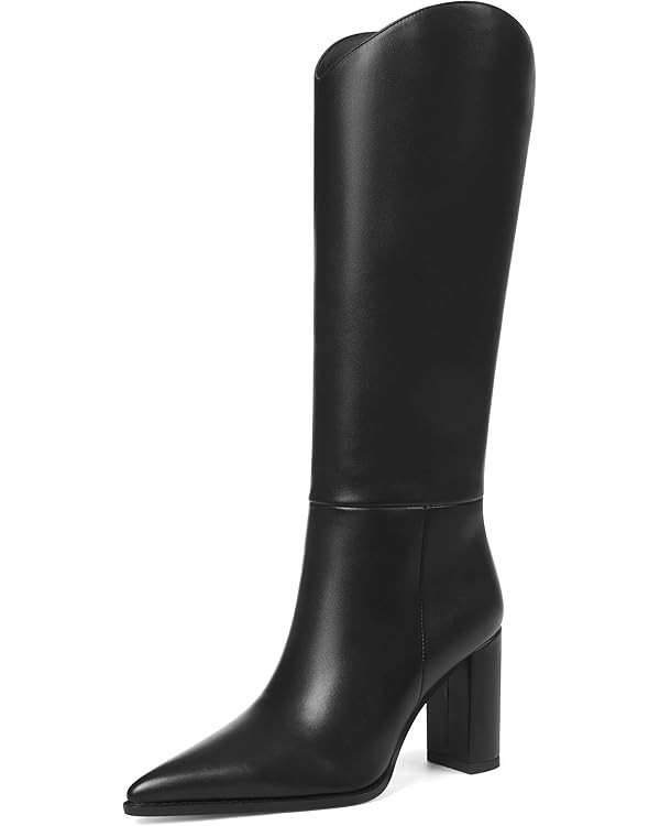 SaraIris Women's Black Knee High Boots Wide Calf Chunky High Heel Pointed Toe Zipper Comfortable ... | Amazon (US)