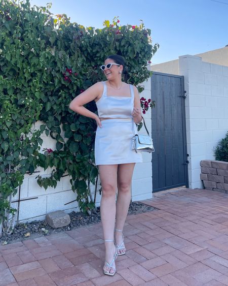 Satin matching set (medium - bottom, large - top) | silver heels | metal bag | sunglasses | silver earrings

Bride to be, bachelorette, white outfit 

#LTKmidsize #LTKstyletip #LTKwedding