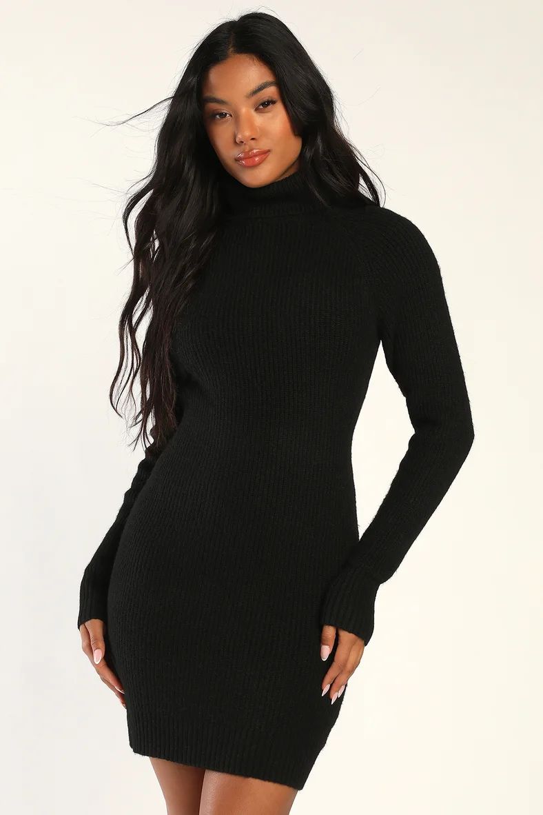 Fireside Kisses Black Lace-Up Turtleneck Sweater Dress | Lulus (US)