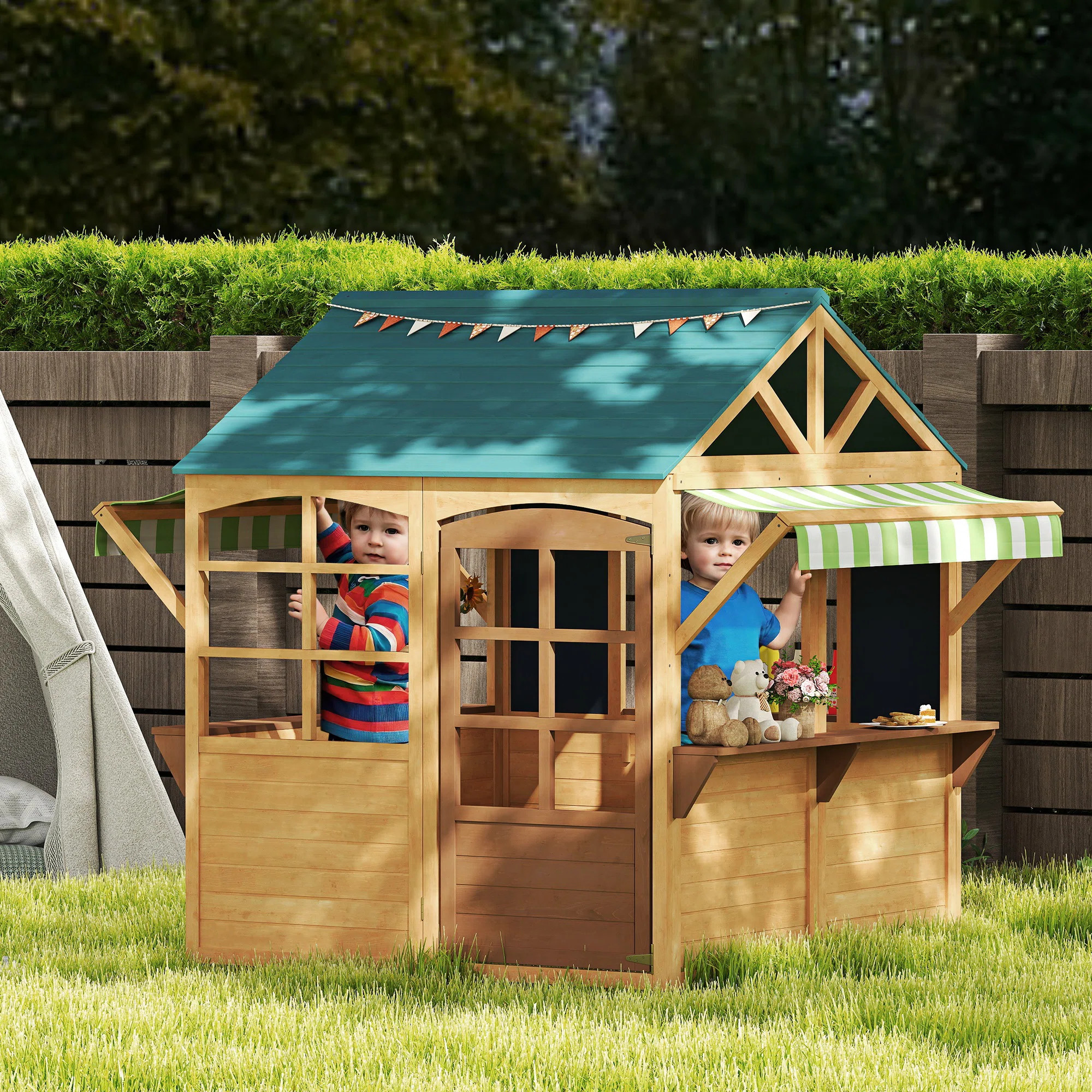 Foldable Outdoor Playhouse, Wooden Kids Cottage with Windows, Working Door, Snack Bars, Waterproo... | Wayfair North America