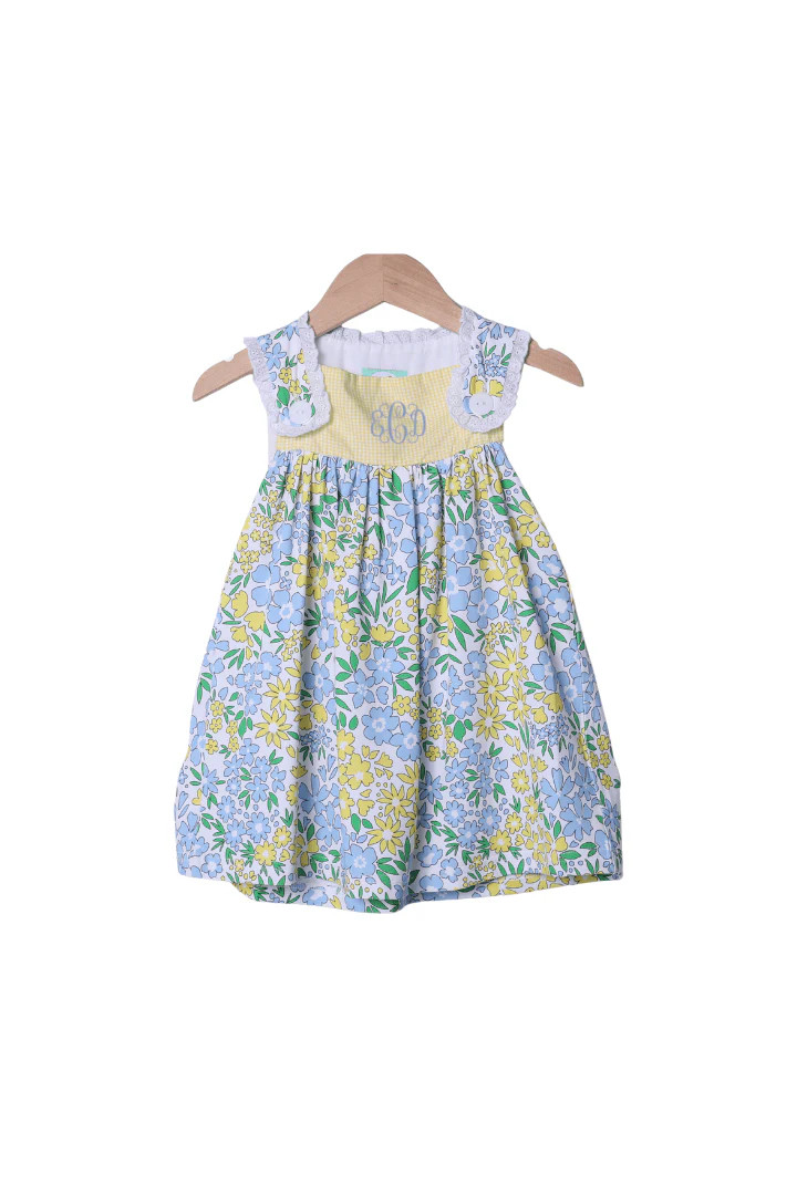 Yellow and Blue Floral Ruffle Dress | The Smocked Flamingo