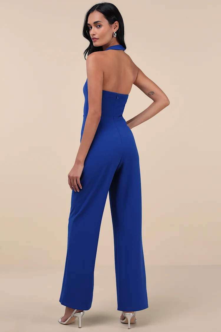 Flirty Outing Royal Blue Asymmetrical Halter Jumpsuit | Lulus