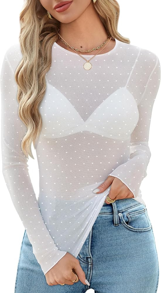 OFEEFAN Womens Mesh Tops Lace Long Sleeve Shirts Crewneck Slim Fitted Outfits See Through Blouses | Amazon (US)