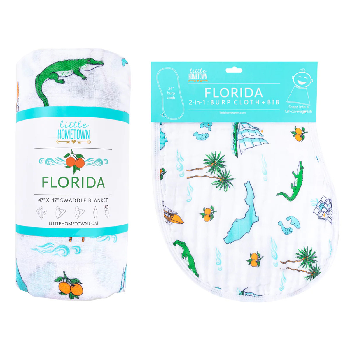 Gift Set: Florida Baby Muslin Swaddle Blanket and Burp Cloth/Bib Combo | Little Hometown