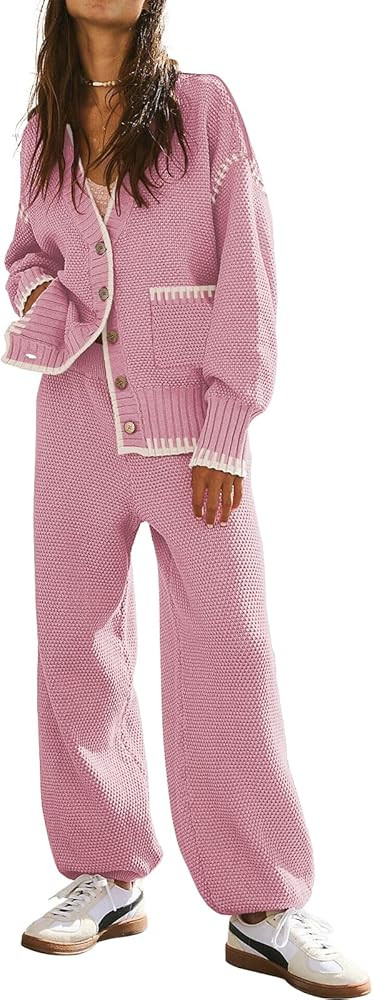 Women's 2 Piece Outfit Lounge Set Trendy Cardigan Sweater Pants Sets V Neck Button Pocket Knit Ma... | Amazon (US)