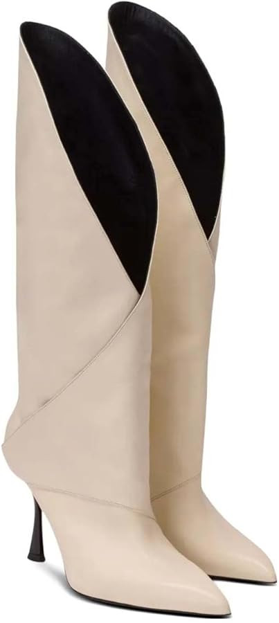 Women's Leather Knee High Boots V-Cut Pointed Toe Stiletto High Heel Riding Boots Stylish Motorcy... | Amazon (US)