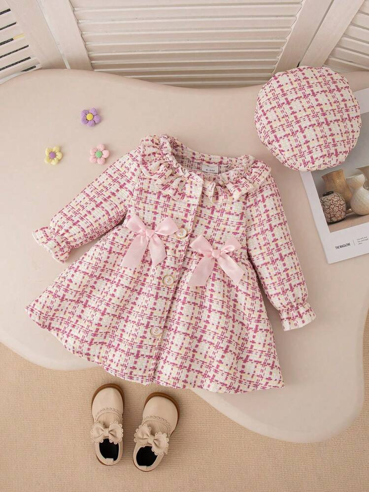 Fall/Winter Baby Girl Cute Pink Plaid Lace Collar & Bowknot Dress With Beret Cap Outfit | SHEIN