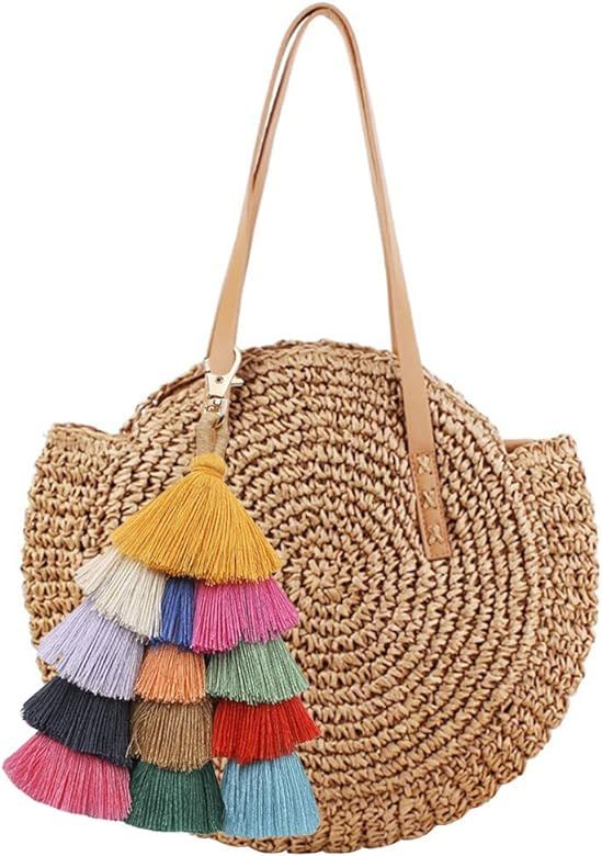 Womens Tote Bag Fashion Round Straw Beach Tote Shoulder Bag with Tassel Keychain | Amazon (US)
