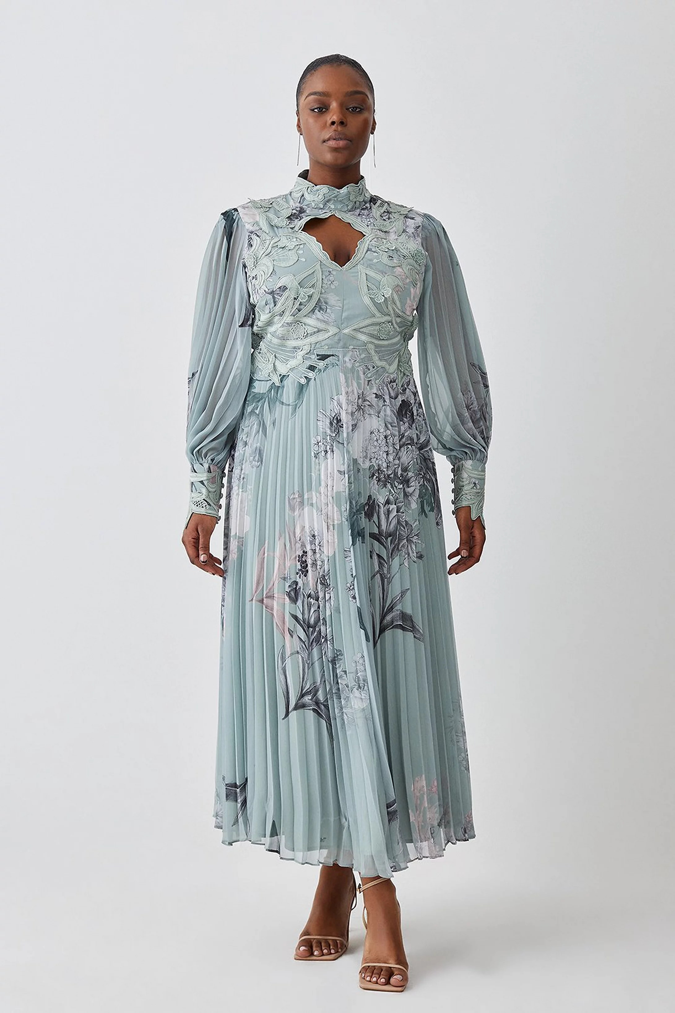 Lydia Millen Plus Size Floral Applique Pleated Maxi Dress | Karen Millen UK + IE + DE + NL