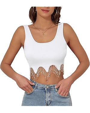 Komorebi Rhinestone Fringe Top Crop Tank Top Rhinestone Top Sequin Top Sparkly Top Sleeveless Tan... | Amazon (US)