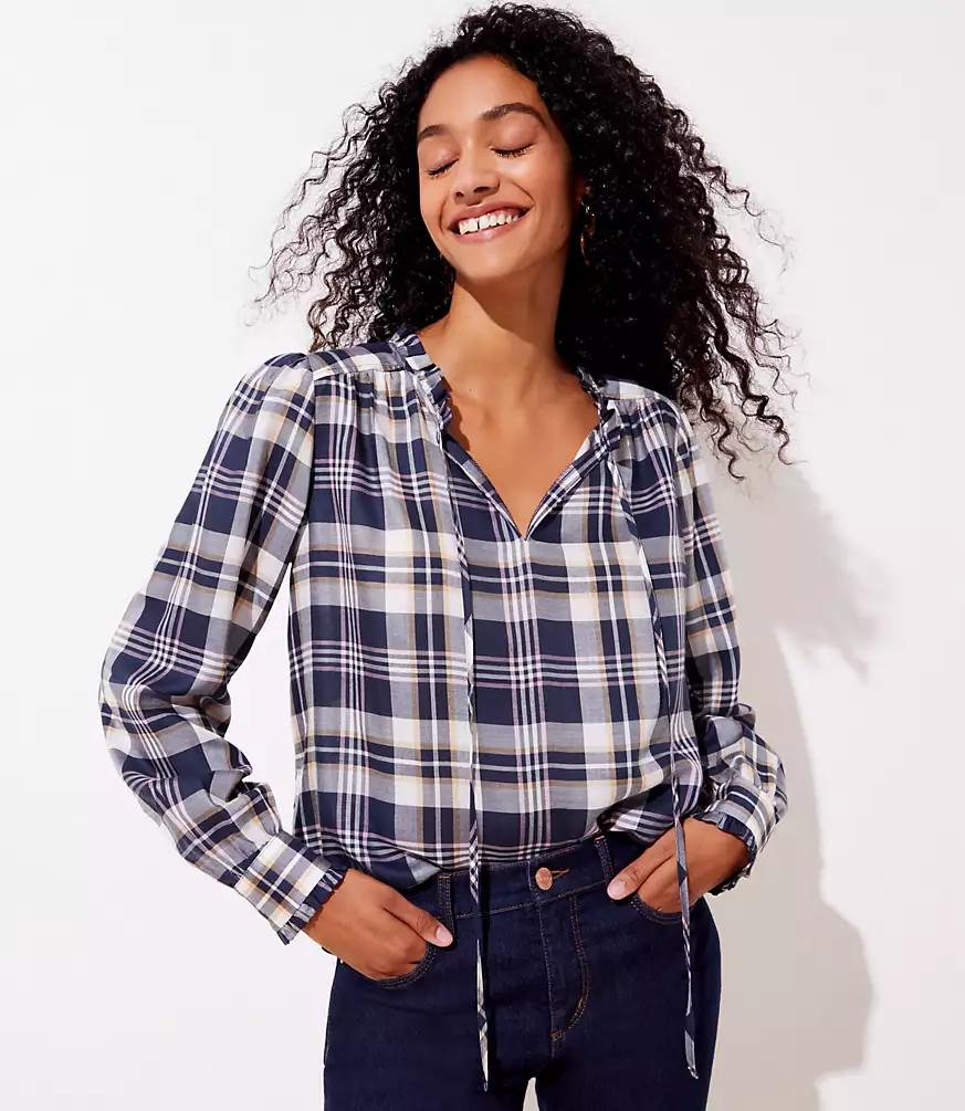 Plaid Shirred Tie Neck Blouse | LOFT
