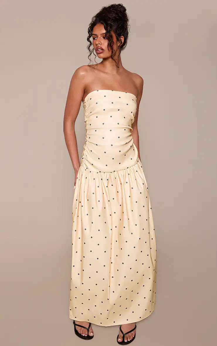 Lemon Polka Dot Stretch Woven Bandeau Ruched Maxi Dress | PrettyLittleThing USA | PrettyLittleThing US
