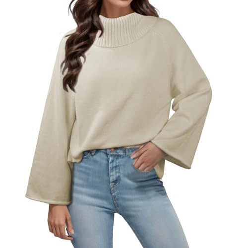Angashion Turtle Neck Sweaters for Woman - Fashion Oversized Bell Long Sleeve Knitted Sweater Baggy Soft Warm Apricot Medium | Amazon (US)