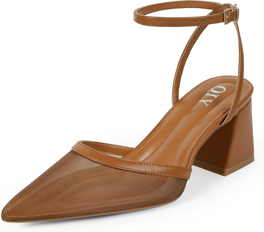 QIY Closed Toe Heels for Women Ankle Strap Pointed Toe Slingback Chunky Low Heels Womens Pumps We... | Amazon (US)