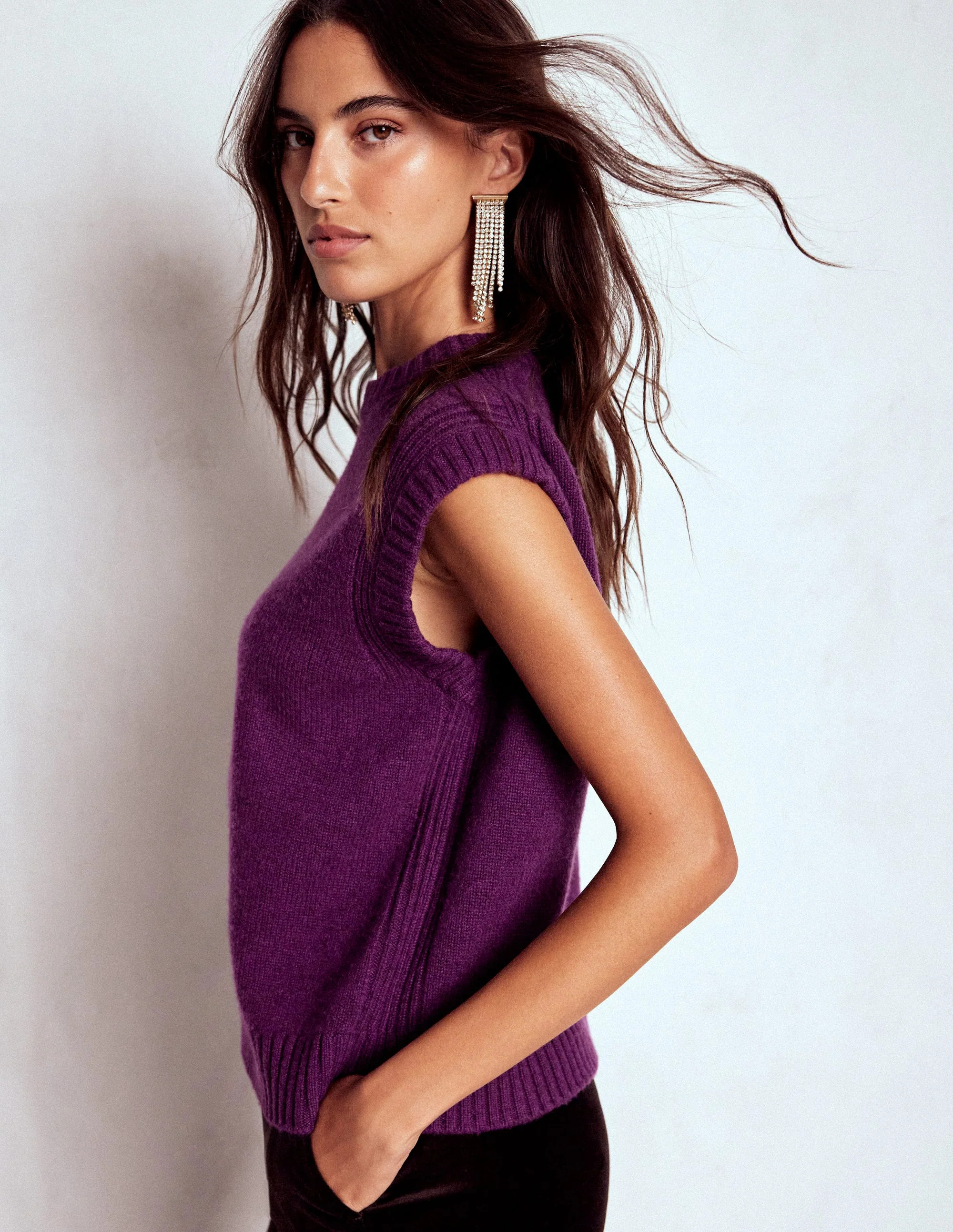 Cashmere Ribbed Trim Vest-Purple | Boden (US)