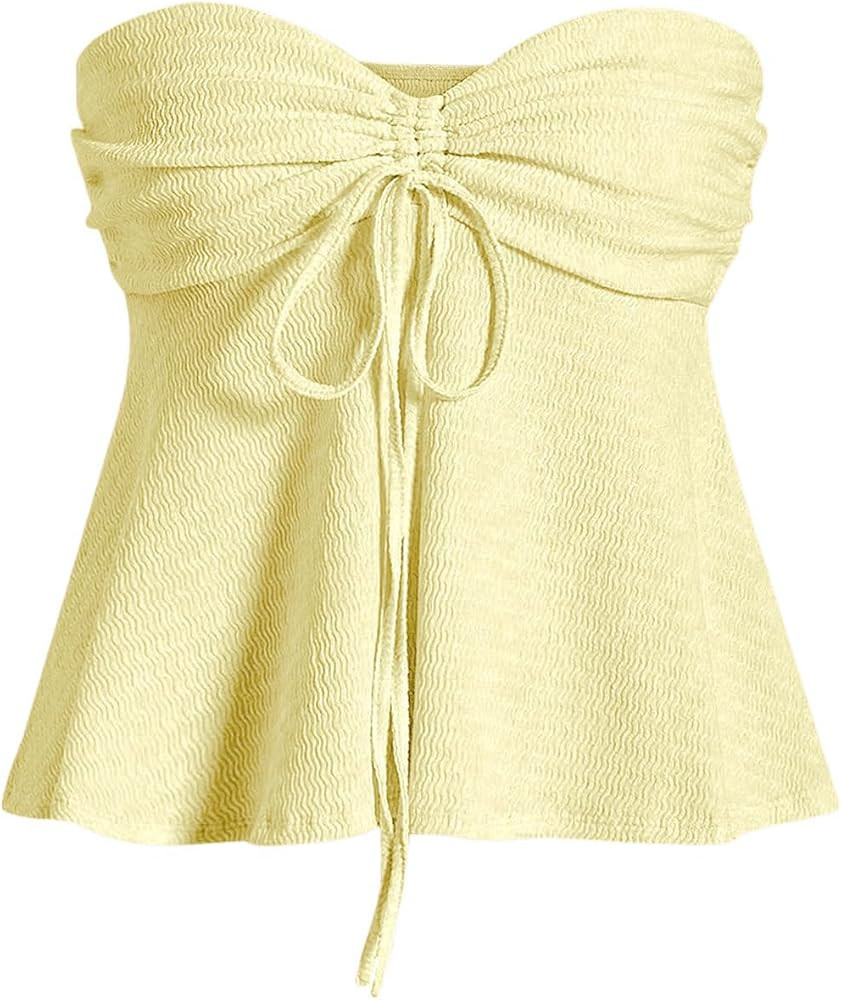 Milumia Women Tie Front Ruched Tube Top Y2k Summer Strapless Peplum Tops Babydoll Flowy Tops | Amazon (US)
