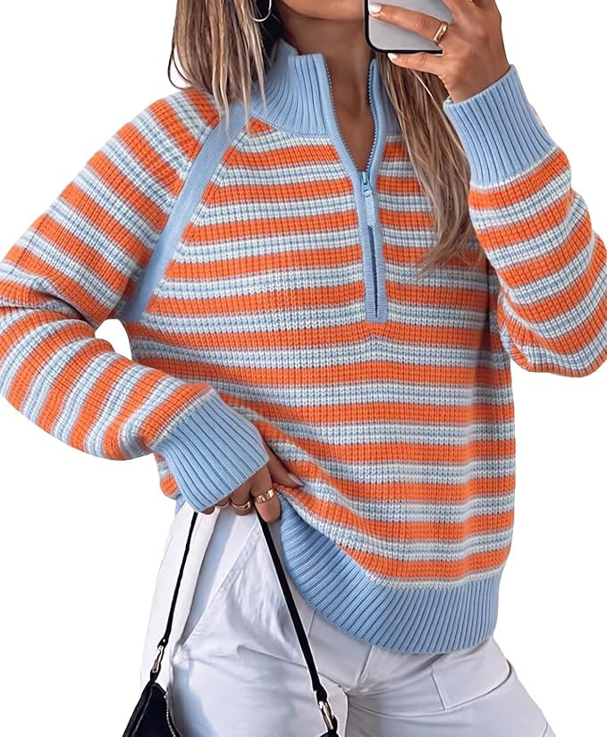 Fisoew Sweaters for Women Half Zip Striped Pullover Ribbed Knit Tops | Amazon (US)