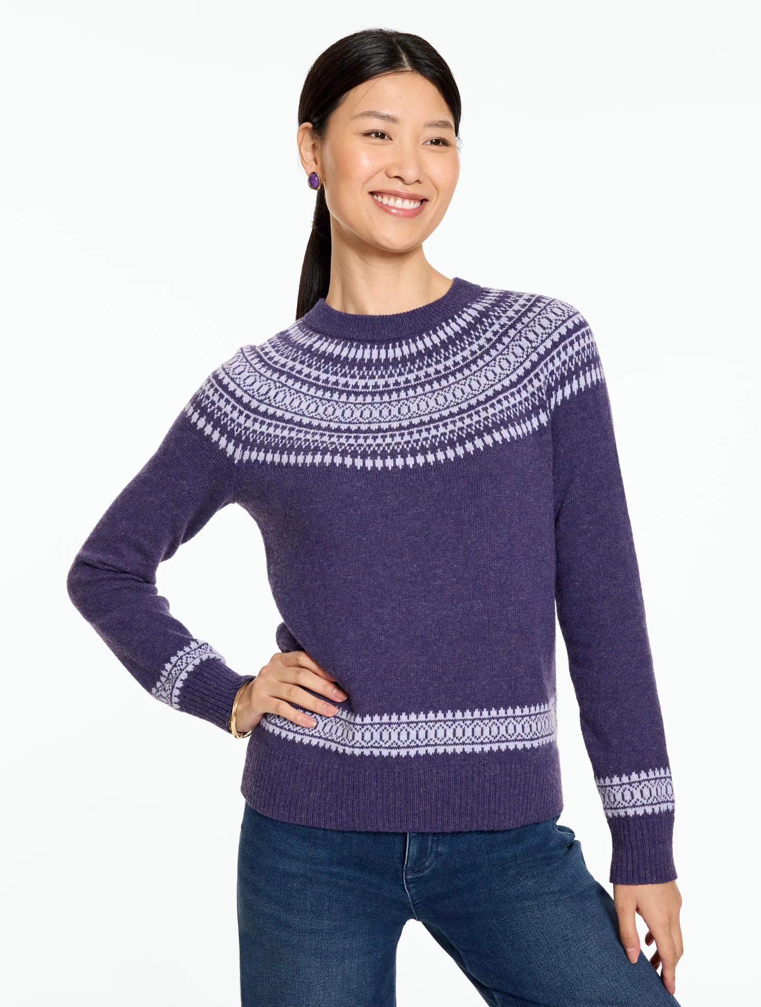 Petite - Crewneck Sweater - Geo Fair Isle - Majesty Heather/Dusty Lav - XL Talbots | Talbots