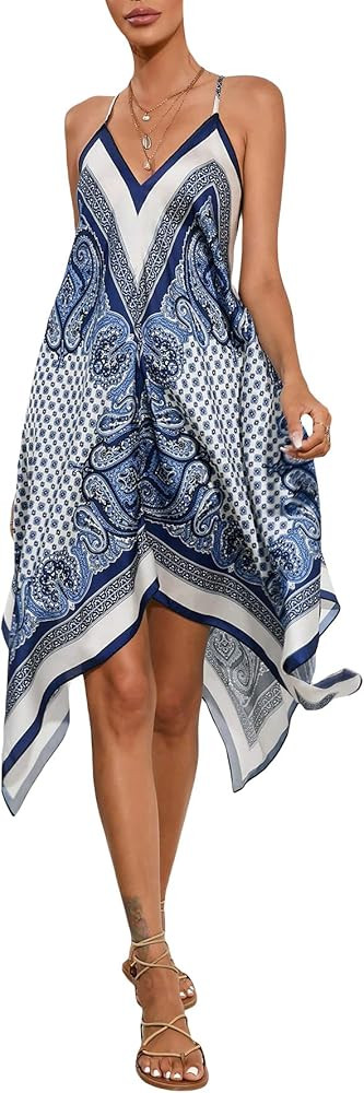 Floerns Women's Paisley Print Sleeveless Cami Dress Hanky Hem Asymmetrical Boho Dress | Amazon (US)