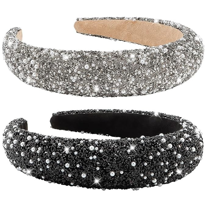 AHONEY 2 Pack Rhinestone Headband, Sequin Beaded Pearls Head Band Glitter Cute Headband Birthday ... | Amazon (US)